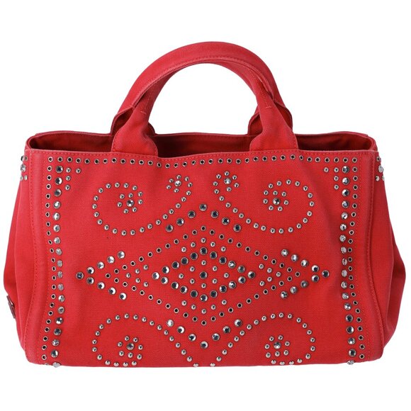 PRADA Canapa Tote Bag BN2642 Red Canvas Red Stones - Picture 1 of 8